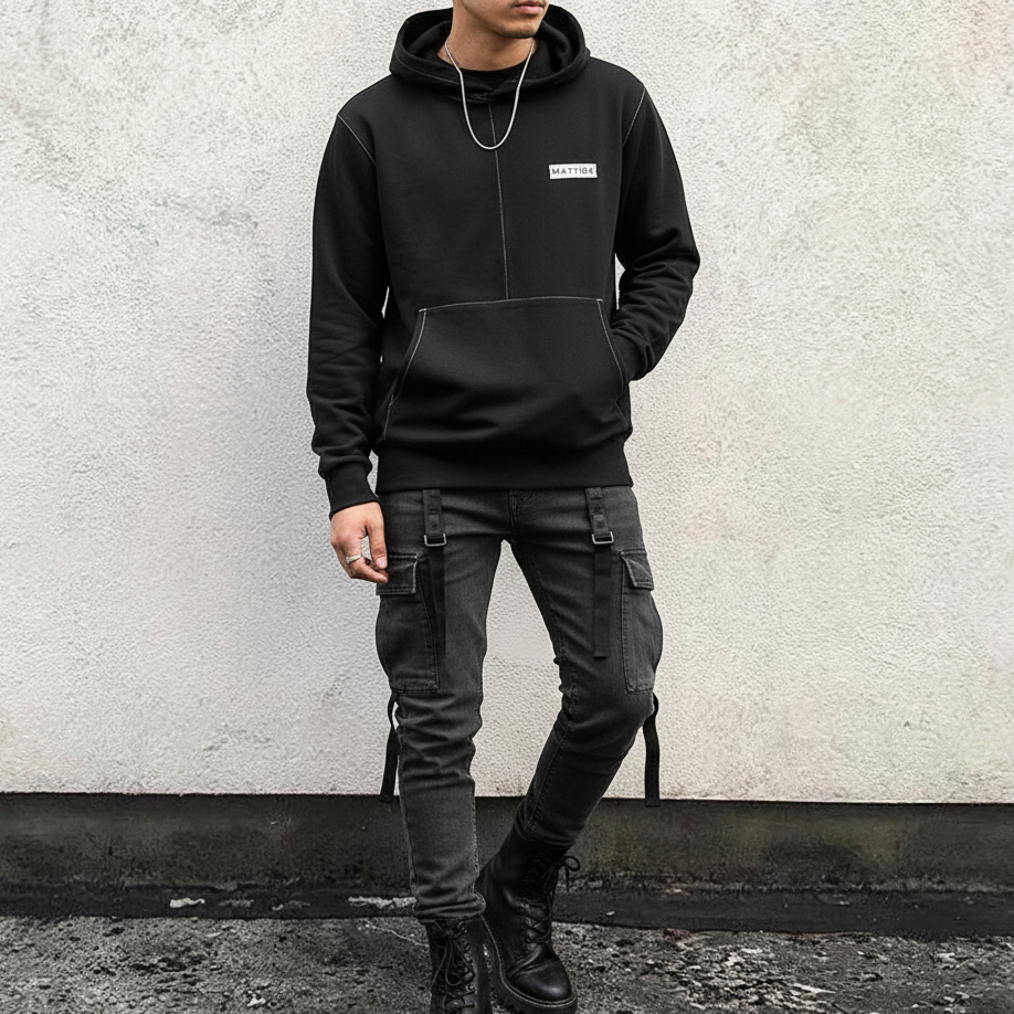 BLUZA Z KAPTUREM UNISEX - CZARNA Z BIAŁYM PRZESZYCIEM