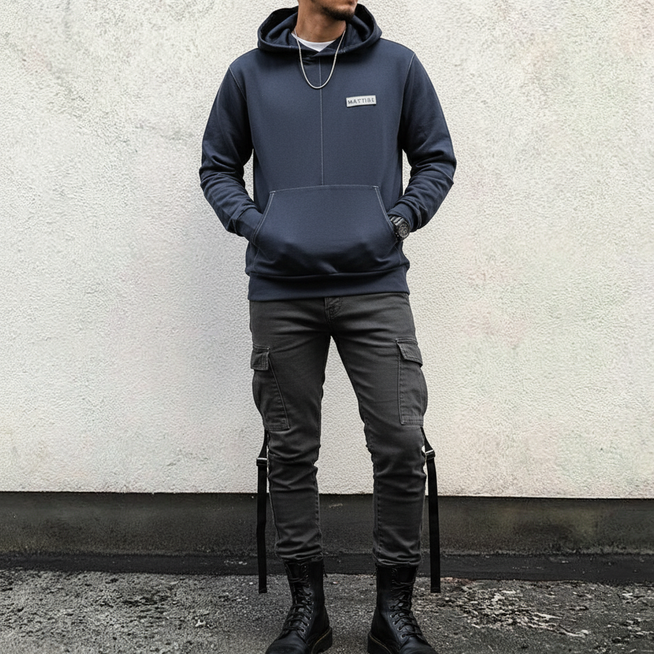 BLUZA Z KAPTUREM UNISEX - GRANATOWA Z BIAŁYM PRZESZYCIEM